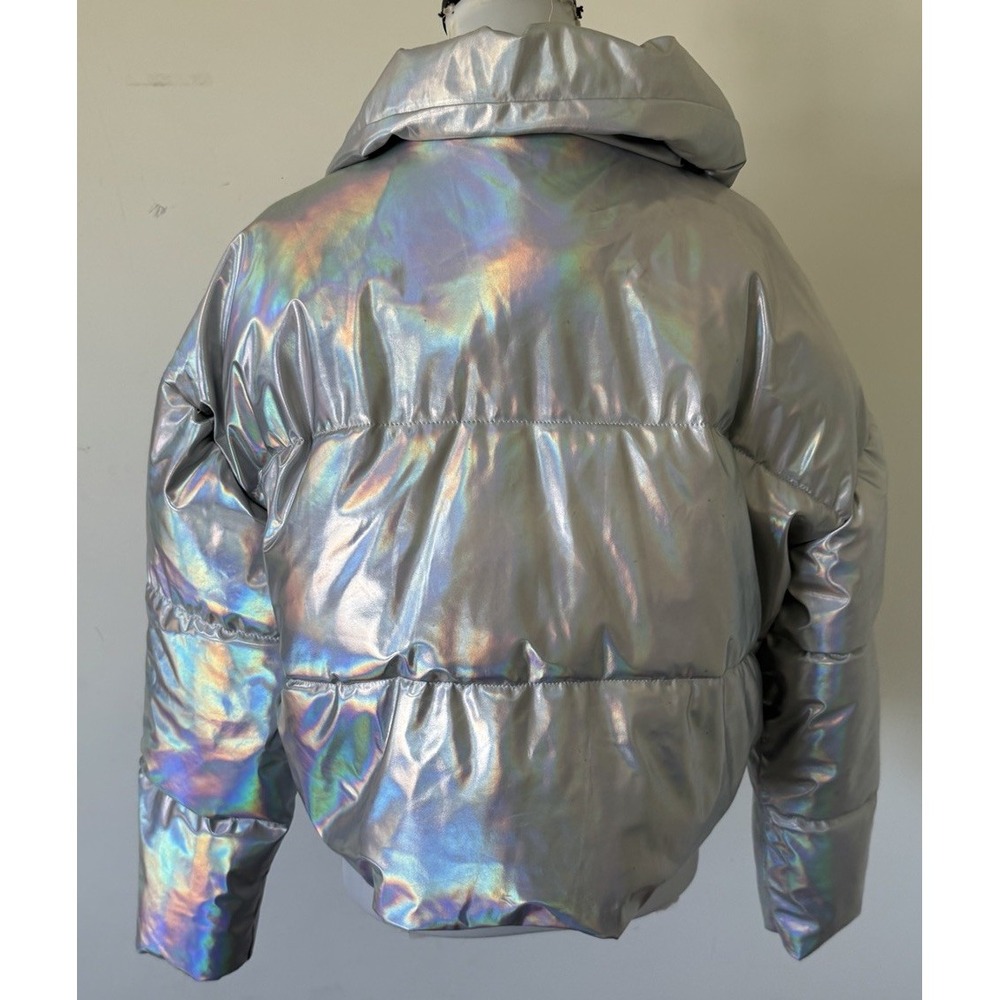 Azalea Wang Iradescent Holographic Cropped Puffer Jacket Full Zip Women's Large - Picture 3 of 10